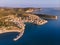 Aerial view of Skala Marion town in Thasos Island, Greece, at sunset