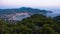 Aerial view of Skopelos harbour and town before sunrise, island of Skopelos