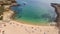 Aerial. View from the sky of the beach of Ingrina Villa to Bishpo. Portugal Algarve