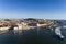 Aerial view of the skyline of the city of Lisbon with the Comercio Square, the Alfama Neighbourhood and the Tagus River