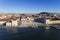 Aerial view of the skyline of the city of Lisbon with the Comercio Square, the Alfama Neighbourhood and the Tagus River