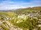 Aerial view of the skyline of Harlech with it`s 12th century castle, Wales, United Kingdom