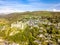 Aerial view of the skyline of Harlech with it`s 12th century castle, Wales, United Kingdom