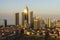 Aerial view of skyscrapers with sea background sunset at Yantai in Shandong