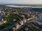 Aerial view of Slatina city and river Olt, Romania.