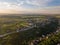 Aerial view of Slatina city and river Olt, Romania