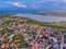 Aerial view of Slatina city and river Olt, Romania