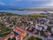 Aerial view of Slatina city and river Olt, Romania