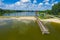 Aerial view of a smal wooden dock on a lake