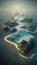 Aerial view of small exotic atoll islands in the open ocean sea. Beautiful nature landscape