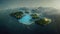 Aerial view of small exotic atoll islands in the open ocean sea. Beautiful nature landscape