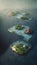 Aerial view of small exotic atoll islands in the open ocean sea. Beautiful nature landscape