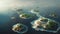 Aerial view of small exotic atoll islands in the open ocean sea. Beautiful nature landscape