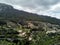 Aerial view of small hillside Banyalbufar town. Majorca, Spain