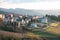 Aerial view of a small Italian village and landscape in Tuscany. San Casciano dei Bagni