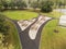 Aerial view, Small picnic area in a park, Metal and plastic materials used to make table and chair. Wheel chair accessible.Modern