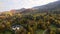 Aerial view of small shepherd houses on wide meadow between autumn forest in Ukrainian Carpathian mountains at sunset.