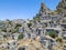 Aerial view of the Small village of Pentedattilo, church and ruins of the abandoned village, Greek colony on Mount Calvario, whose