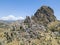 Aerial view of the Small village of Pentedattilo, church and ruins of the abandoned village, Greek colony on Mount Calvario, whose