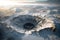 aerial view of snow-capped volcanic crater