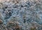 Aerial view of snow covered forest with hoarfrost covered trees in bright sunlight