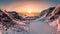 Aerial view of Snow mountain range with frozen lake on Reinebringen