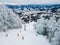 aerial view of snowboarders free riders at ski slope