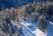 Aerial view of a snowbound hut at a clearing in the winter forest, bavarian alps