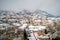 Aerial view of the snowy Metsovo is a town in Epirus, in the mountains of Pindus in northern Greece