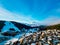 Aerial view of snowy mountains near houses in Seefeld, Tirol, Austria