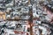Aerial view of a snowy old German town, aerial view of the snow-covered roofs of houses, winter landscape