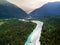 Aerial view of Soca river in Julian Alps at sunset. Slovenia, Soca Valley, Bovec district, Europe