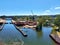 Aerial view of the Sodertalje canal towards the entrance from the Baltic Sea with three bridges crossing the canal