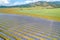 Aerial view of solar panel, photovoltaic, alternative electricity source. Power farm producing clean green energy