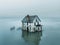 Aerial view of a solitary abandoned house surrounded by water, reflecting a moody and isolated atmosphere
