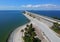 The aerial view of the south entrance to the fishing pier near Bob Graham Sunshine Skyway Bridge, St Petersburg, Florida, U.S.A