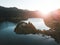 Aerial view of spectacular sunset over Lake Colibita, Bistrita Nasaud