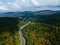 aerial view of speedway road in autumn carpathian mountains