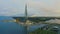 Aerial view of the spire of a skyscraper Lakhta Center and a panorama coast of the Gulf of Finland and the islands of the city. Ru