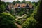 aerial view of a sprawling tudor house estate surrounded by lush greenery