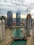 Aerial view of spring storm rolling in over Chicago Loop and Chicago River