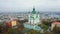 Aerial view of St. Andrews Church in Kiev. The famous Andrew`s Descent in the capital of Ukraine. Autumn in Kiev