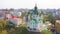 Aerial view of St. Andrewâ€™s Church in Kiev. The famous Andrew`s Descent in the capital of Ukraine. Tourist route in Kiev