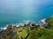 Aerial view of St Catherine's Castle against the sea in England on a sunny day