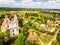 Aerial view St. Jacob the apostle church in Kurtuvenai town, with Lithuania countryside