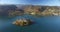 Aerial view of St Martin church on island and Bled