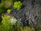 Aerial view of the stark contrast between a massive landfill of used car tires and the surrounding green trees. Tire