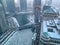 Aerial view of steamy, foggy morning over Chicago River, where chunks of ice float