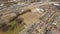 Aerial view of still train and industrial downtown Raleigh NC