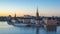 Aerial view of Stockholm Gamla Stan skyline day to night Timelapse in Sweden, Time Lapse